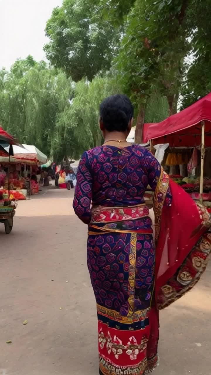 Elderly Tamil woman in vibrant saree with intricate patterns walks gracefully backwards away from camera twirling her dupatta with elegance as sunlight filters through lush green trees surrounding a bustling market filled with colorful spices and fragrant flowers creating a lively atmosphere rich with cultural sounds of street vendors and distant laughter 
