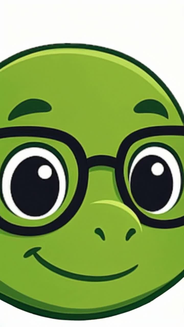 A cute cartoon turtle with big eyes and black glasses, facing the front The turtle turns its head slowly to the right, then returns to the center While returning, it blinks both eyes once Then, its mouth moves gently as if saying Hello, welcome to SIM in a friendly and joyful tone The animation should be smooth, in cartoon style, with no body movement, only head, eyes, and mouth White background No extra objects Duration 5 seconds Loop Off