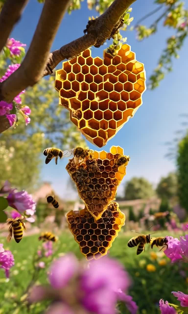 Bees buzzing around a beautiful perfect honeycomb thats hanging from a heart shaped tree in a beautiful elegant garden with vibrant bright flowers 