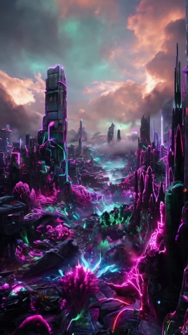 Futuristic landscapes splashed with grunge aesthetics twisting forms shimmering colors evoke surreal imagery pulsating light shifting shadows vast urban terrains overrun by wild neon flora towering structures melt into the horizon skies painted in vibrant hues clouds swirling like abstract art inspire wonderment ethereal mist dances around city spires organic shapes intertwine with metallic elements enchanting atmosphere beckons exploration unfolding depths of unseen worlds ignite imagination freedom of movement reveals startling contrasts inviting viewers into otherworldly realms vibrant energy fills each frame creating an immersive escape into a dreamlike vision