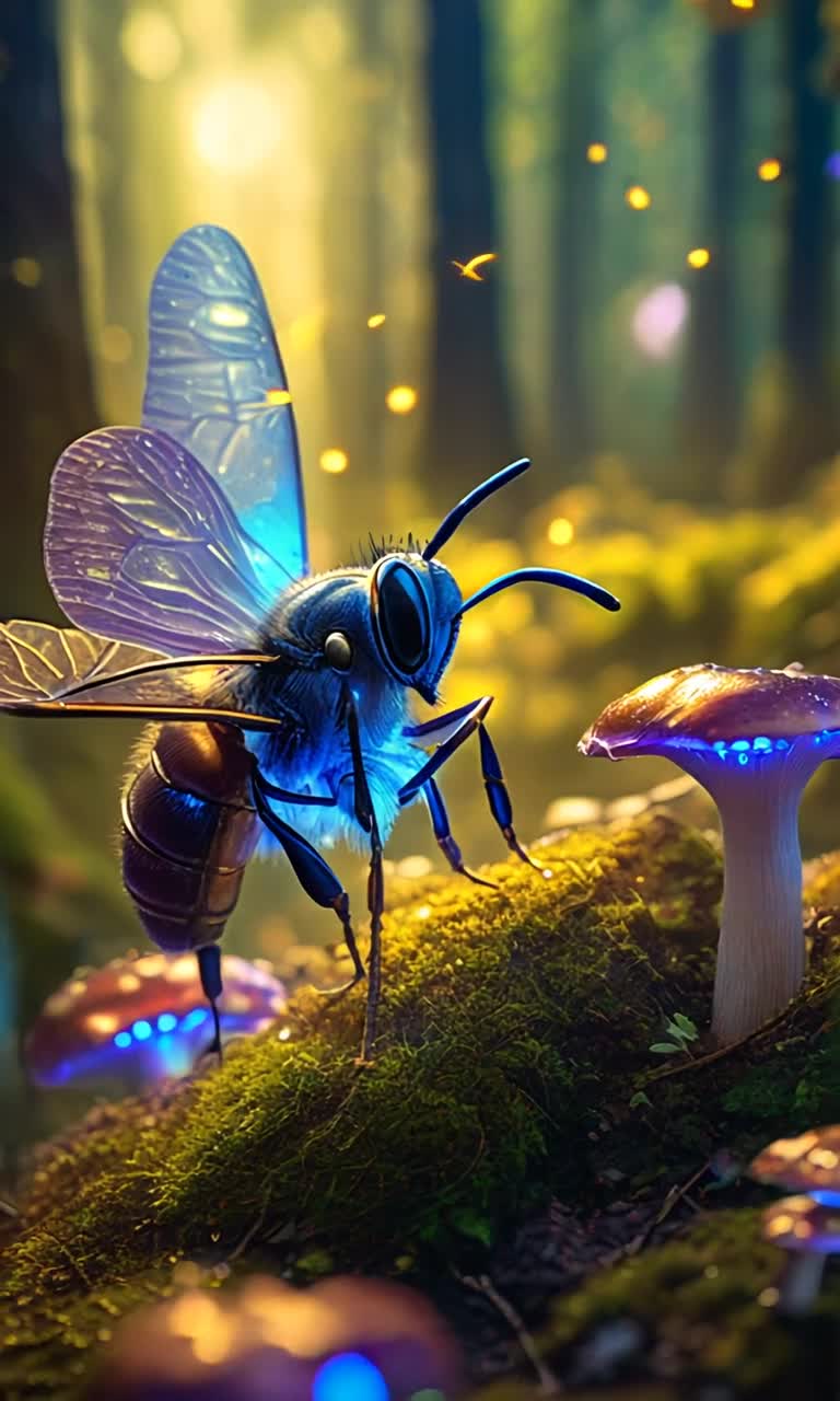 Murder hornet with iridescent wings flying high buzzing with energy darting landing on vibrant blue mushrooms adorned with sparkling dew droplets  in an enchanting magical forest sunlight filtering through dense canopies casting whimsical shadows on the forest floor butterflies fluttering in the background illuminating mystical glades filled with twinkling fireflies creating an atmosphere of thrilling adventure filled with enchanting sounds of natures symphony