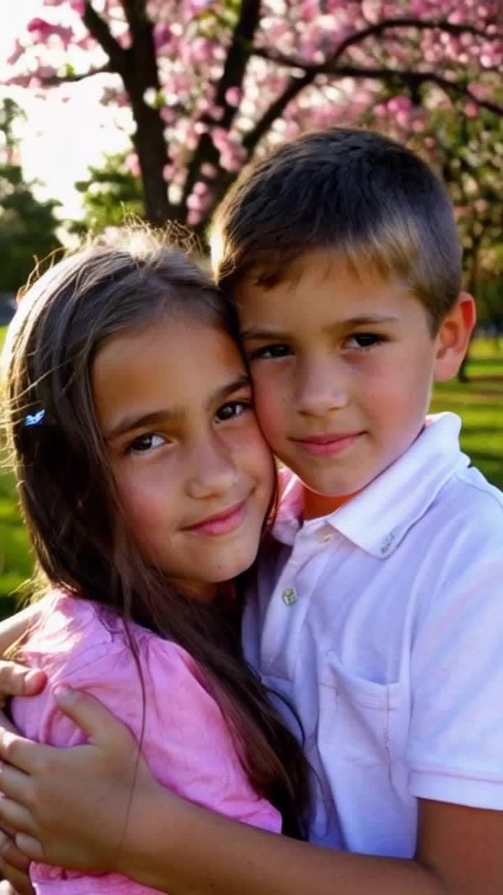 Girl with sparkling eyes embracing boy with a shy smile expressing deep emotions clinging tightly to each other in a sundrenched park surrounded by blooming flowers vibrant colors transforming a moment into a memory gentle breeze rustling leaves casting playful shadows on their faces warm sunlight illuminating their heartfelt connection as butterflies dance around them creating an enchanting atmosphere of love and vulnerability