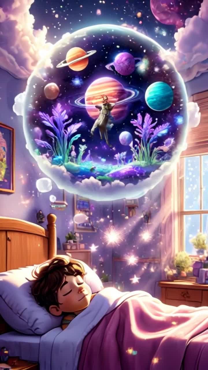 A dreamy, cinematic sequence from an 8yearold boys imagination A wise, older astronaut with a bald head, warm expression, and navy blue uniform with gold buttons and stripes floats gently in deep space He appears as Jaspers grandaddy, smiling softly Around him are glowing alien plants, colorful planets, and stars He drifts weightlessly past a glowing nebula and looks toward the viewer A sense of wonder, mystery, and hope 3D Pixarstyle, magical lighting, emotional tone 