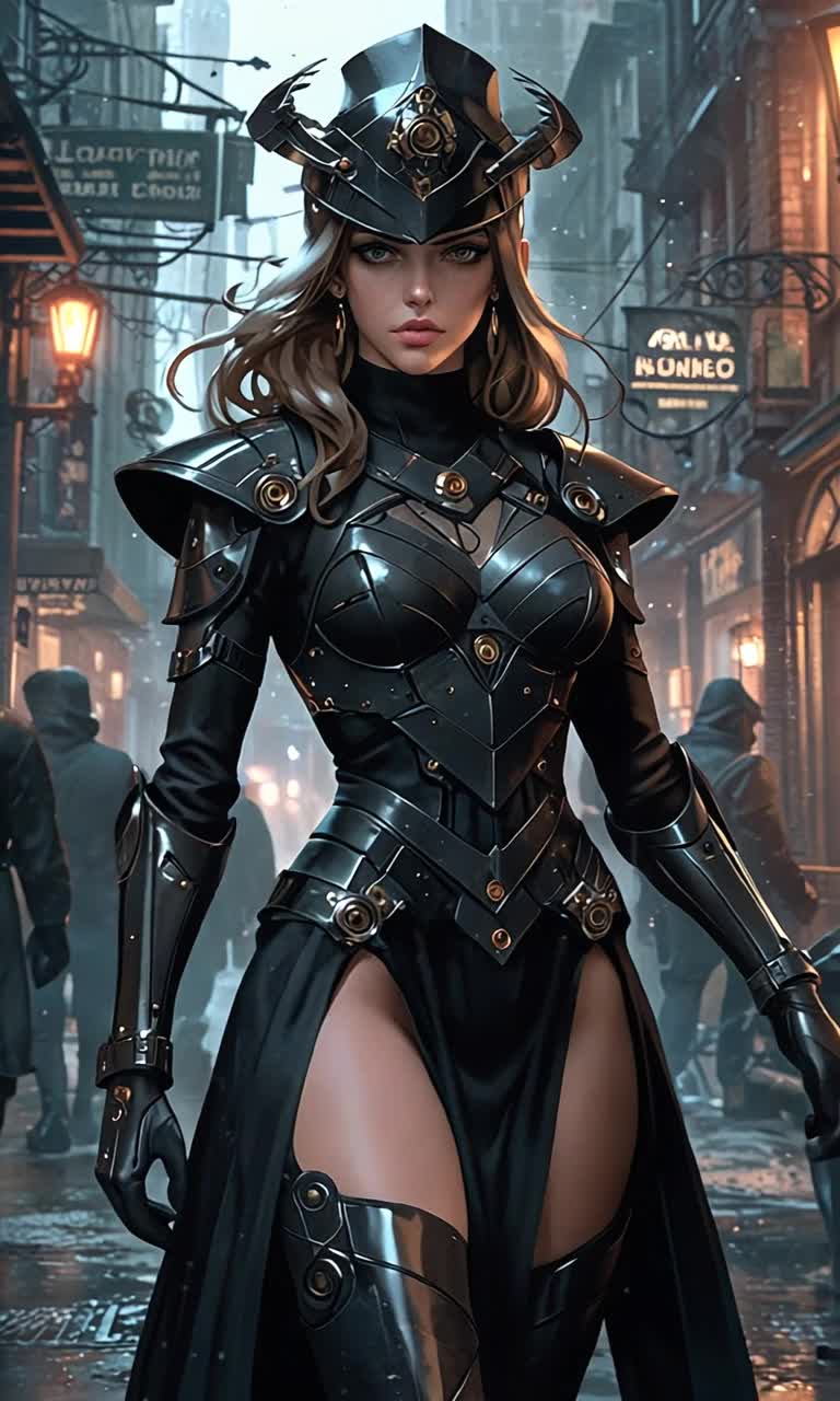 Confident woman cloaked in shadowy attire radiating fierce determination strides boldly toward viewer gripping sleek firearm with unwavering resolve preparing to unleash her brand of justice Dimly lit urban alleyway enveloped in swirling mist flickering neon lights casting eerie reflections on glistening wet pavement whispers of danger lurking in shadows ready to pounce as tension hangs thick in air