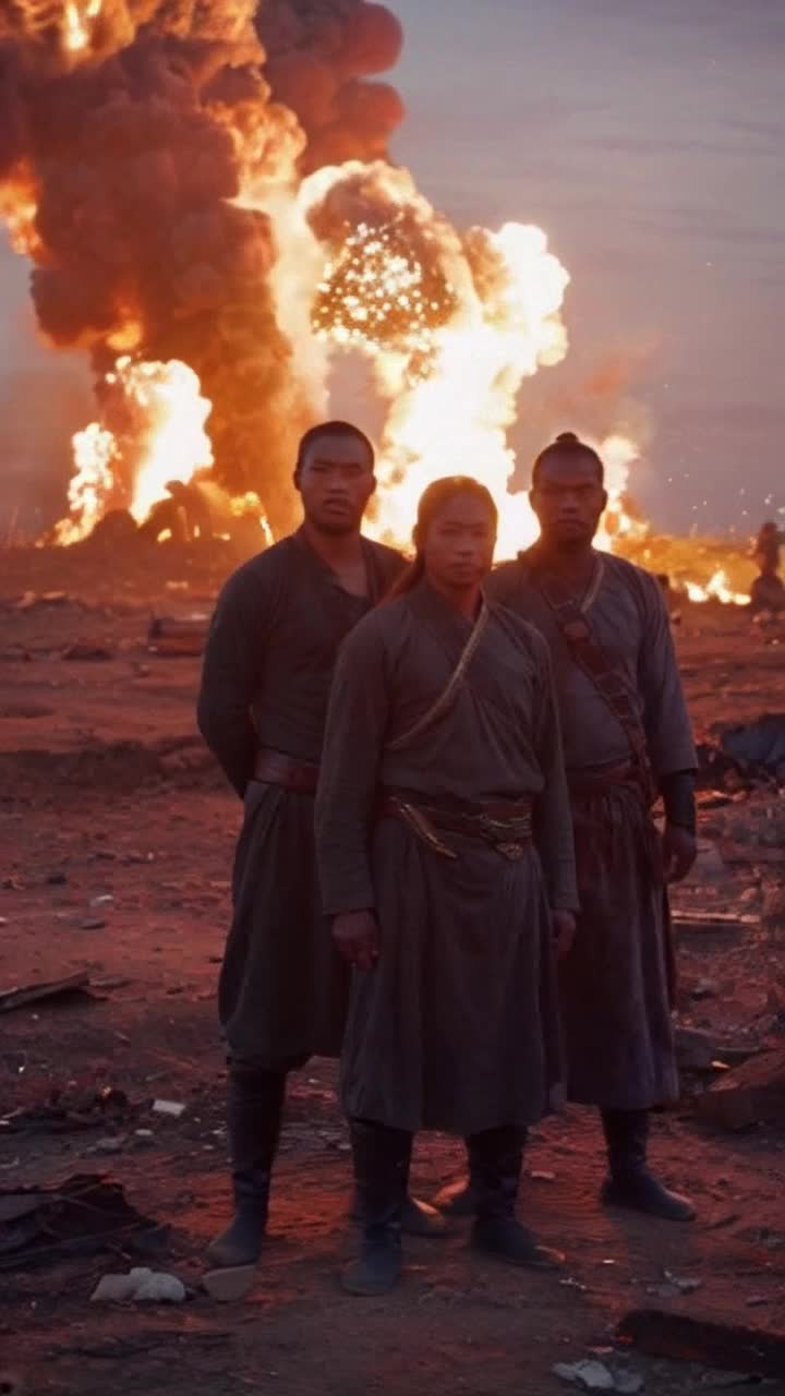 Fierce warriors adorned in vibrant traditional attire rally together bold expressions reflecting hope and resolve flickering in their eyes against a backdrop of fiery explosions igniting the night sky casting eerie shadows across a war-torn landscape debris strewn and smoke rising while distant echoes of chaos reverberate through the air underscoring a critical moment where destiny hangs in the balance