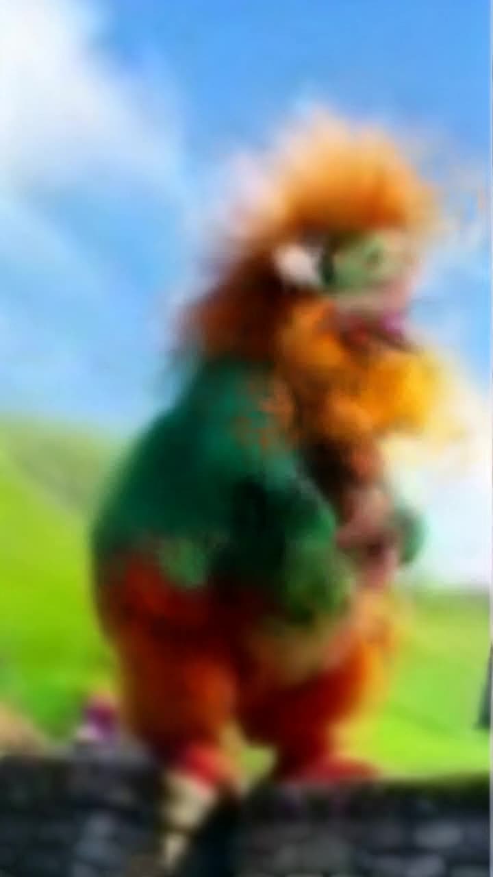 Full sized view and close up of bridge troll as he stomps in place, points a finger at the sky, points a finger to the left, points a finger to the right, points his thumb over his shoulder and yells, with the view focusing behind him as he turns away to leave there is a stone church in the distance 