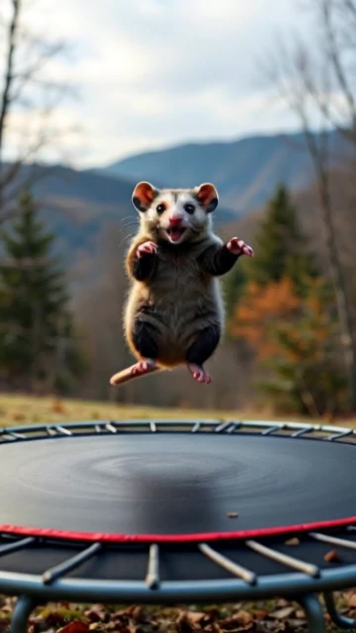 goofy looking possum bouncing on a trampoline in Appalachia in december, photorealistic 