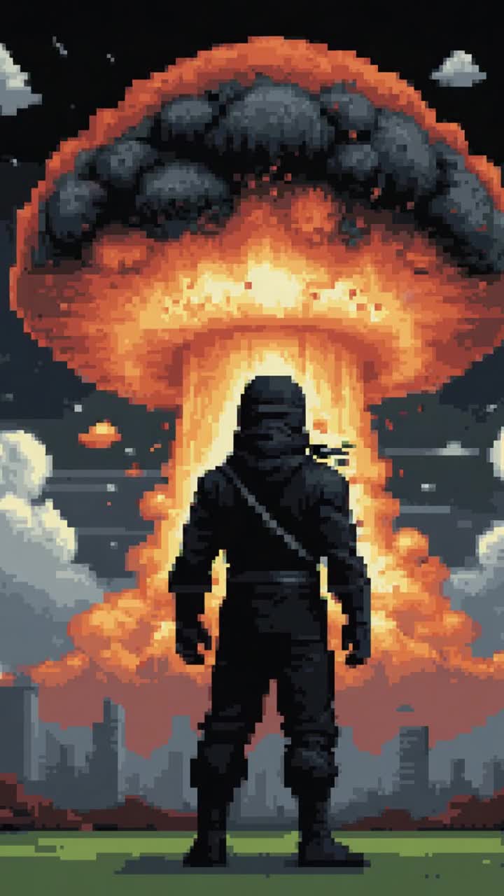 A video game ending scene of A ninja standing in front of a multicolored cataclysmic nuclear explosion detonating with fire radioactive debris erupting from the mushroom cloud while the ninjas black outfit flaps from the explosion,