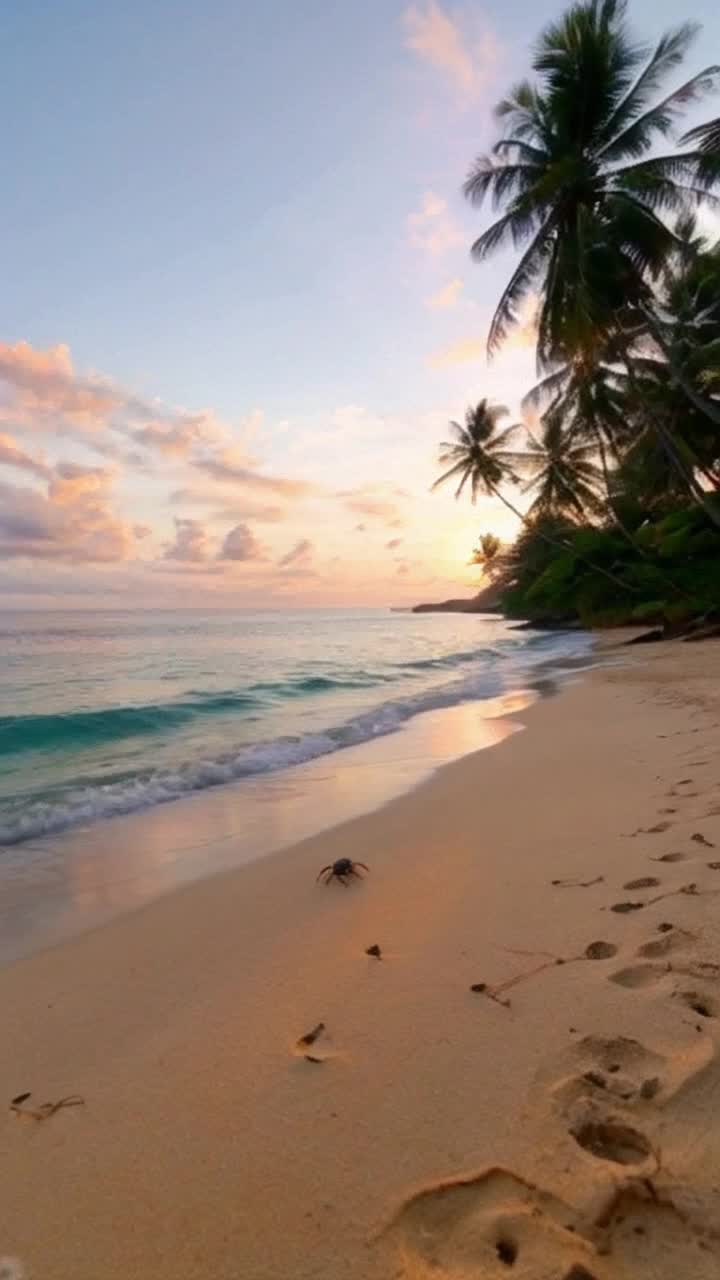 Vast ocean waves gently lapping against a secluded tropical island picturesque beach dotted with wispy palm trees a solitary crab scuttling across warm golden sand showcasing its vibrant claws glimmers of sunlight reflecting off intricate shell patterns soft pastel hues of sunset painting the sky with swirling oranges and pinks creating an emotional ambiance whispers of gentle sea breeze caressing the scene evoking a sense of solitude serenity and wonder among lifes simplest moments hyperrealistic details captured as first rays of twilight begin to settle illuminating the landscape in a magical glow