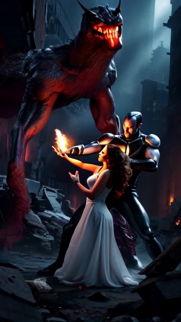 A superhero defending a beautiful woman from a fire breathing monster high detail, the monster is a dragon type human hybrid who controls fire