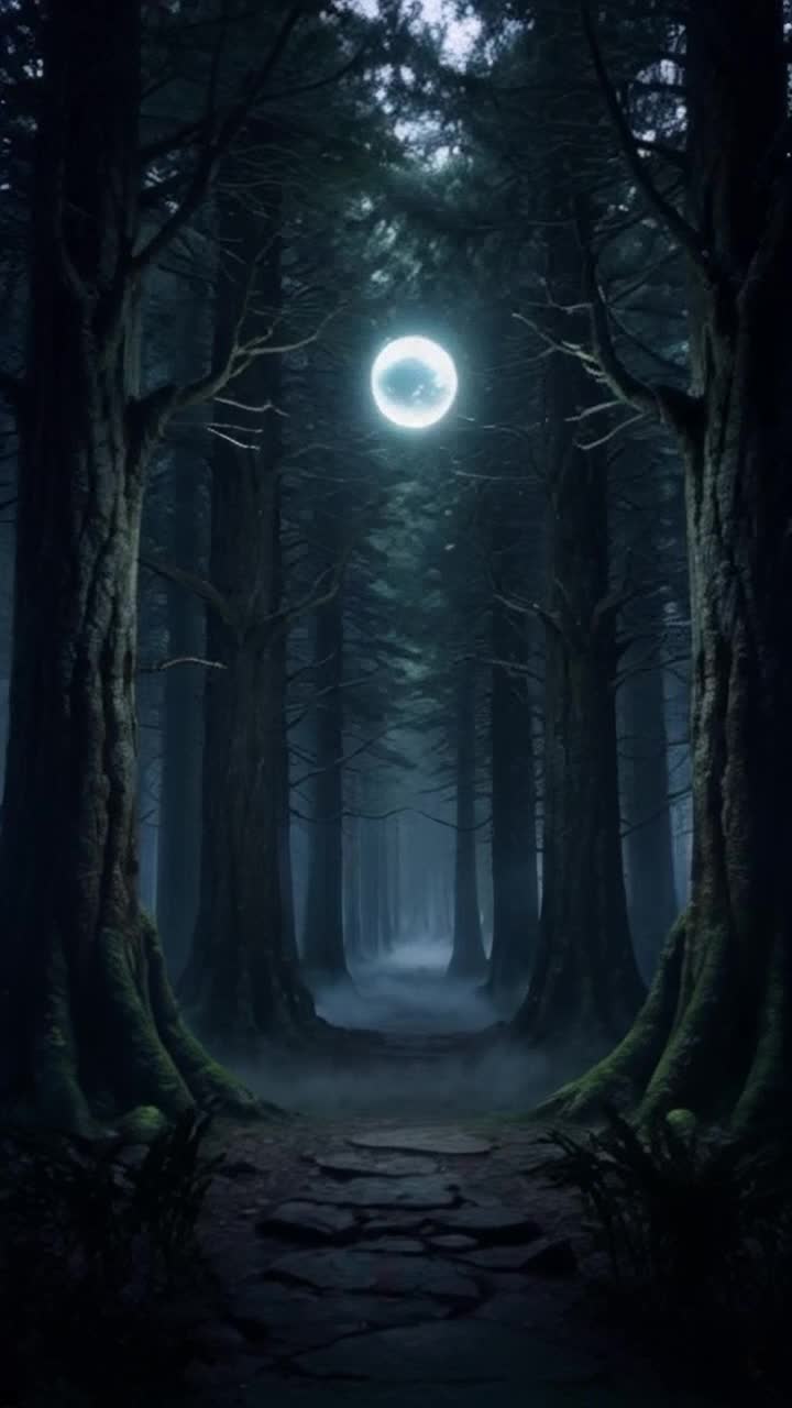 Mystical glowing orb floating  Radiating soft light illuminating surroundings  Dark enchanted forest with ancient trees shrouded in mist