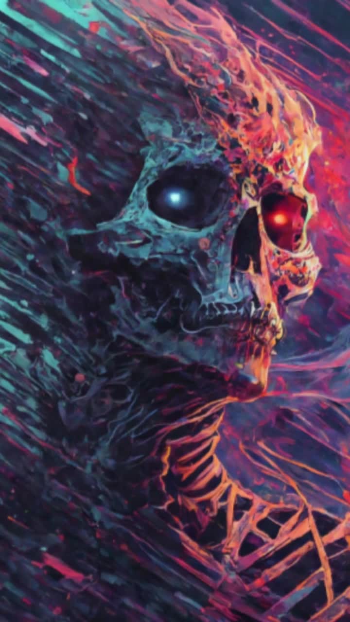 A skeleton with bright glowing eyes that is disintegrating into fragments of pixelated bone, 