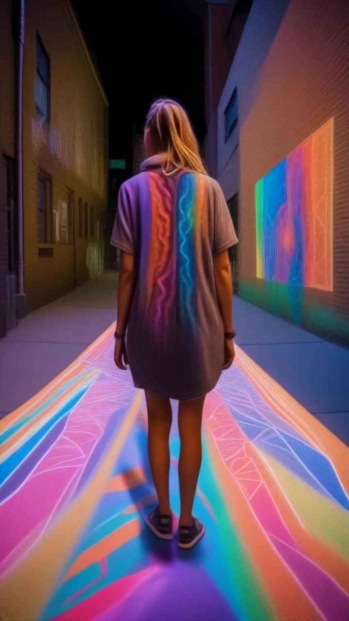 Veiled woman adorned in vibrant garments immersed in lively sidewalk scene showcasing intricate chalk art patterns bursting with color and creativity She strolls gracefully over the artistic journey, absorbing the surrounding beauty while softly interacting with the ambient artwork illuminating the area Surrounding atmosphere filled with radiant projections and glowing pastel hues create an enchanting urban canvas alive with artistic expression Sunlight dances off exquisite details as unknown artists vision unfolds beneath her feet, transforming ordinary pavement into a breathtaking masterpiece inspiring joy and wonder in the hearts of onlookers