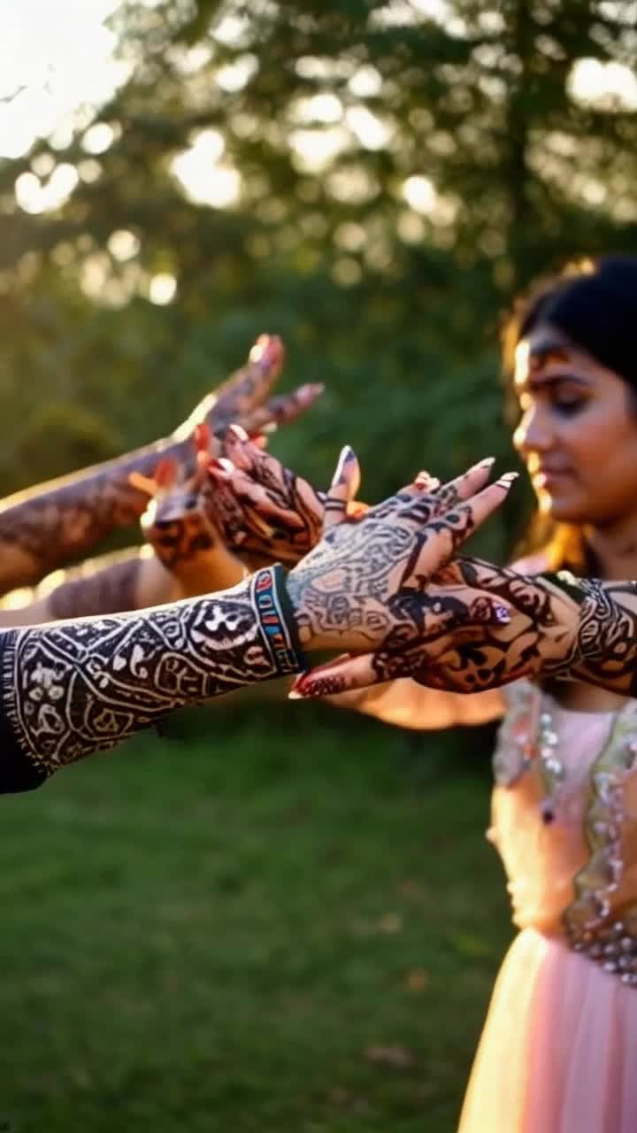 Intricate henna patterns adorn delicate hands and graceful legs shimmering with elegance Dancers swirl joyously showcasing artistry and tradition Sunlight filters through lush greenery creating a vibrant outdoor scene Colorful fabrics ripple softly in the breeze enhancing the rich hues of the mehendi Designs come alive with intricate details revealing stories of culture and celebration