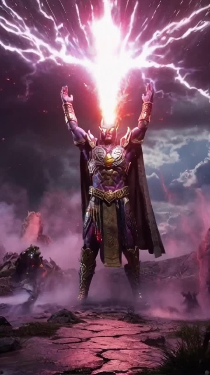Mighty Raedetron stands tall radiating raw energy, enemies stagger in awe and fear, eyes wide with disbelief. He raises his hands to the sky, summoning a dazzling surge of multicolored energy swirling around him, pulsating with intensity. Dark storm clouds gather overhead, crackling with lightning, the ground trembles beneath his feet as ancient runes illuminate the surroundings. Shadows of mythical beasts emerge in the mist, ready to heed his call, the air thick with anticipation and power