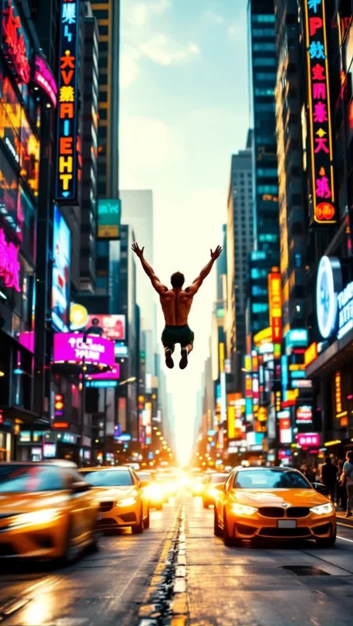 Thrilling acrobat diving athlete  Leaps boldly into fastmoving traffic  Sundrenched urban street buzzing with energy vibrant neon signs reflecting in glass windows as cars whiz by creating a dynamic blur