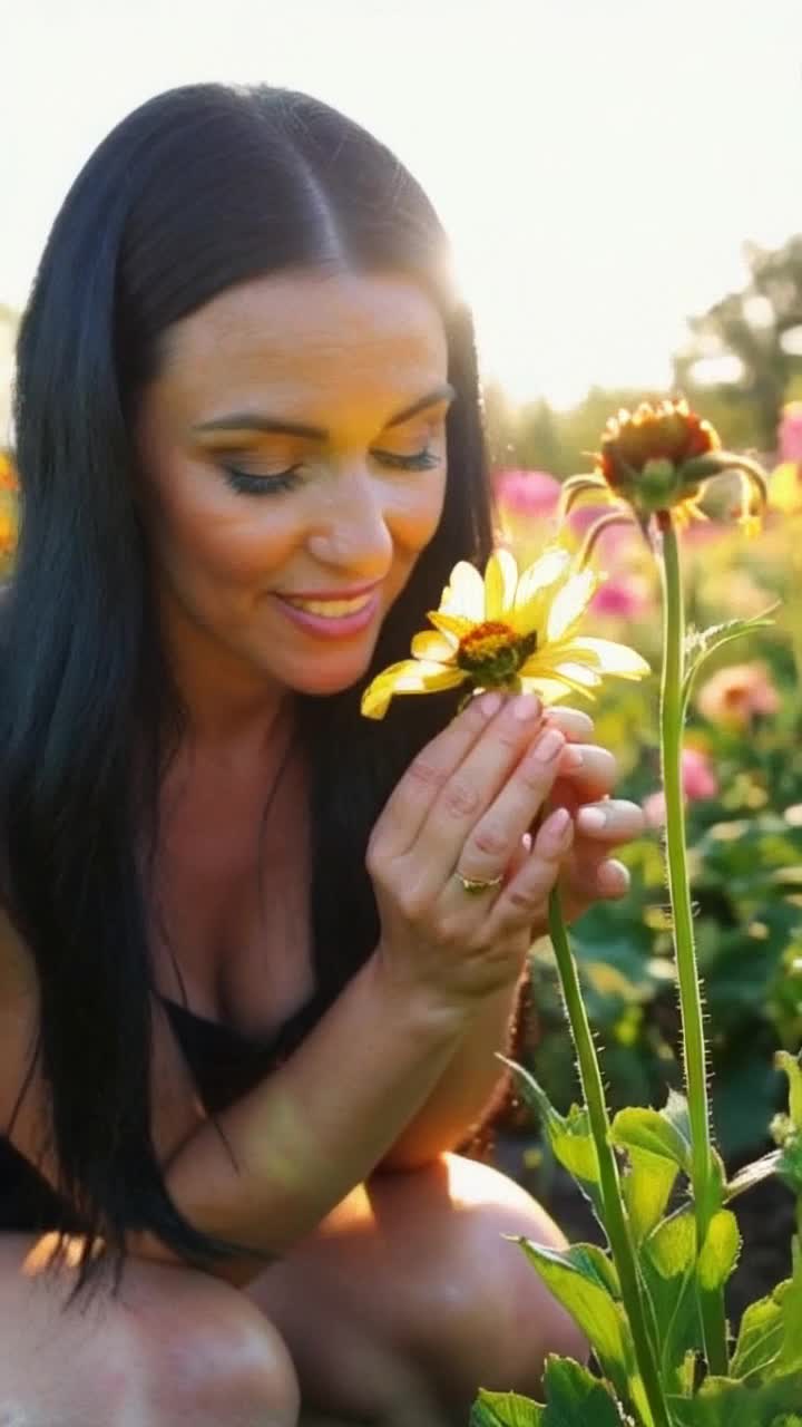 Woman with sparkling black hair emerald green eyes hourglass figure kneels in garden tenderly tending to flowers discovers one drooping sadly closes eyes whispers a prayer for flower when she opens eyes flower stands tall vibrant petals shimmer with life sunlight bathes garden in warm golden glow butterflies dance around blossoms celebrating newfound joy