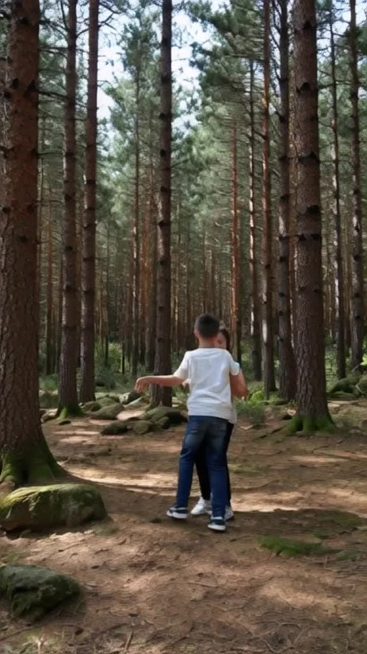 Boy and girl dancing in the forest