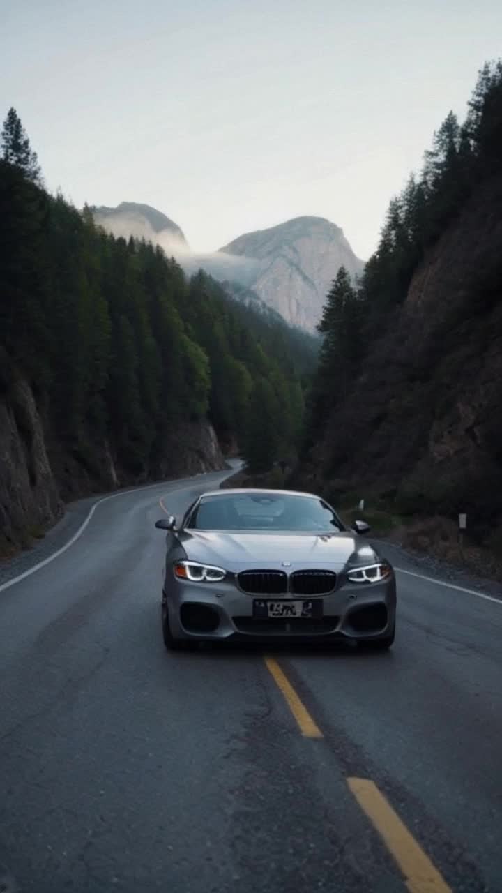Sleek BMW M4 coupe glistening under sunlight roaring to life with a powerful engine growl speeding down a winding mountain road surrounded by lush green forests and dramatic cliffs hazy morning mist rising revealing majestic peaks in the distance inviting thrill and adventure