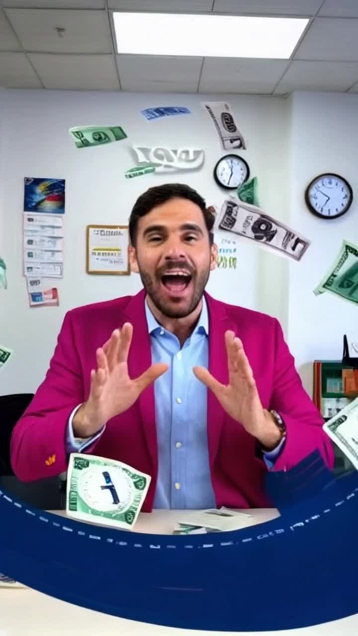 Charismatic man in vibrant attire animatedly sharing secrets of earning 50k in under 40 minutes gesturing enthusiastically captivating audiences attention Engaging visuals of money, clocks, and rising graphs swirling around to enhance excitement Bright modern office setting filled with motivational quotes and colorful dcor creating an inspiring atmosphere