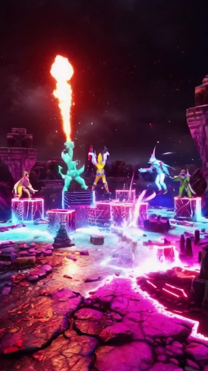 Redcolorful characters battling fierce monsters chaotic build structures exploding in vibrant colors neon lights flashing crumbling landscapes adorned with mystical elements dueling in a sprawling arena intense competition showcases rapid transformations adrenalinefueled excitement soaring through the sky on gliders high above the action heartracing strategies unfolding in a dynamic universe constantly shifting terrain echoes of victory and defeat in the air relentless energy propelling players forward into exhilarating confrontations immersive gaming experience captivating audiences worldwide