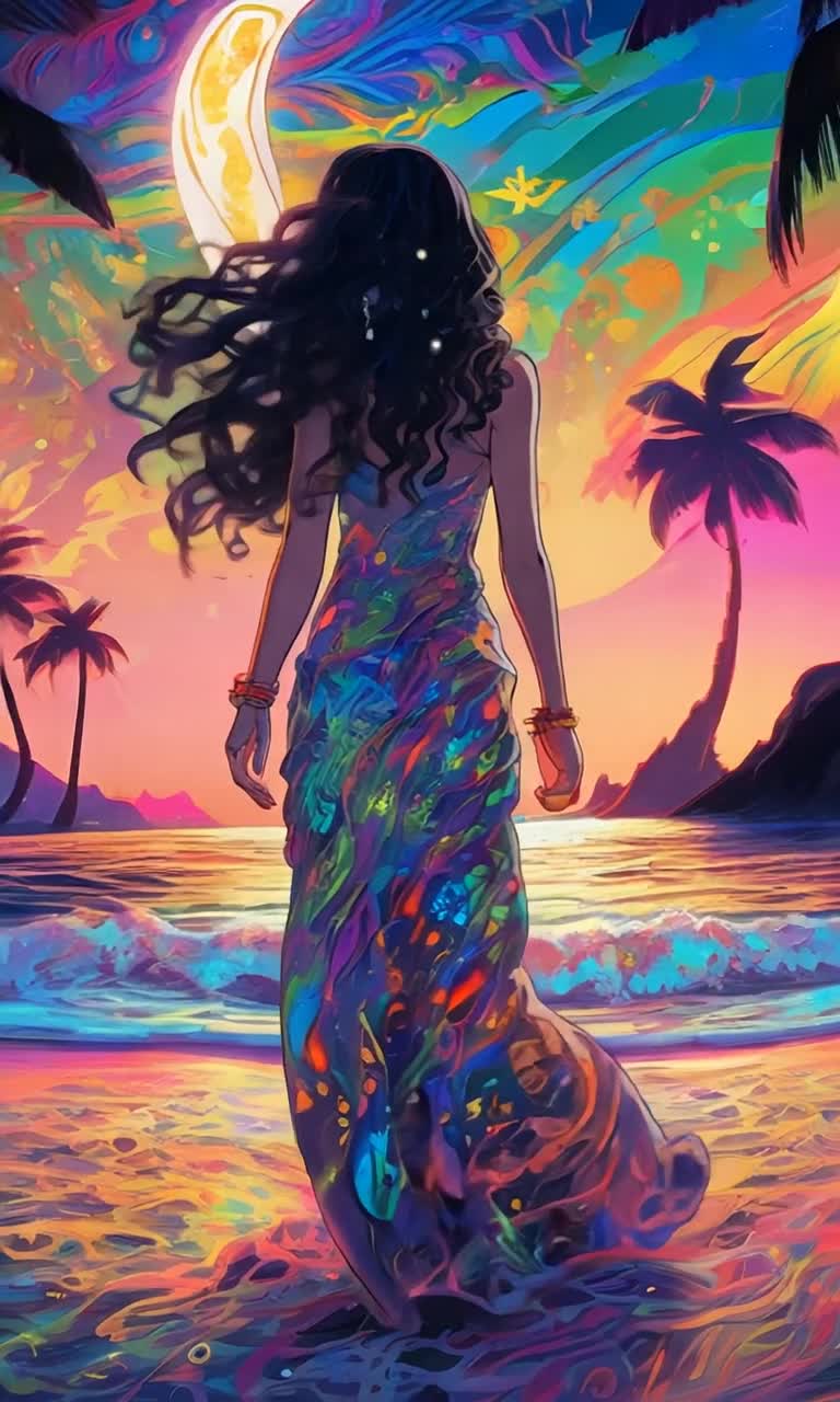 Approximately maximalist multicolored lighted superfinelinedrawing of gothgirl medium curlywavey hair, delicate beach dress, elongated features, walks along exotic Hawaiian beach at night, her footsteps glowing with bioluminescent multihued imprints, internally glowing colorful palm trees, distant volcano slowly erupts, amazing stars, crescent moon backlit maximalist linedrawing on glossy porcelain, intensely radiant microcolorsplotch, exotic color  life depth of scene