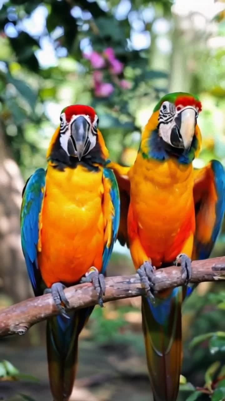 Two colorful parrots perched gracefully on vibrant branches, flapping their wings joyously Sunlight filters through lush green foliage, casting playful shadows on the forest floor filled with blooming flowers Exotic sounds of nature surround them, creating a lively atmosphere in the heart of a tropical paradise