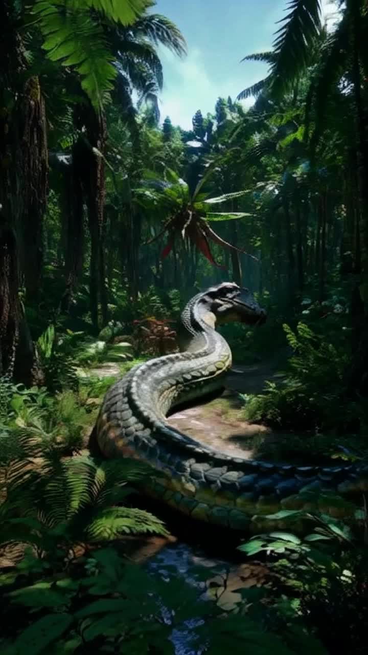 Massive ancient serpent gliding smoothly through dense prehistoric jungle vibrant foliage rustling around powerful muscles undulating in motion sunlight filtering through thick canopy above a cacophony of distant dinosaur calls echoing through the air ancient trees towering like giants casting long shadows on the forest floor vibrant colors of exotic plants emerging in lush abundance evoking a sense of primordial mystery danger lurking in every corner as this formidable predator navigates its domain