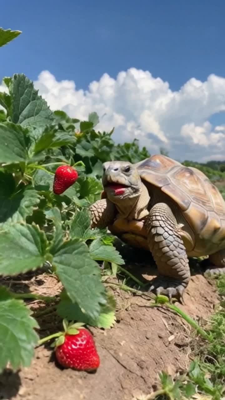 Tortoise toddler stands cute at a strawberry vine picking a strawberry at a time and eating it with happy satisfaction, pretty blue sky, white fluffy clouds
