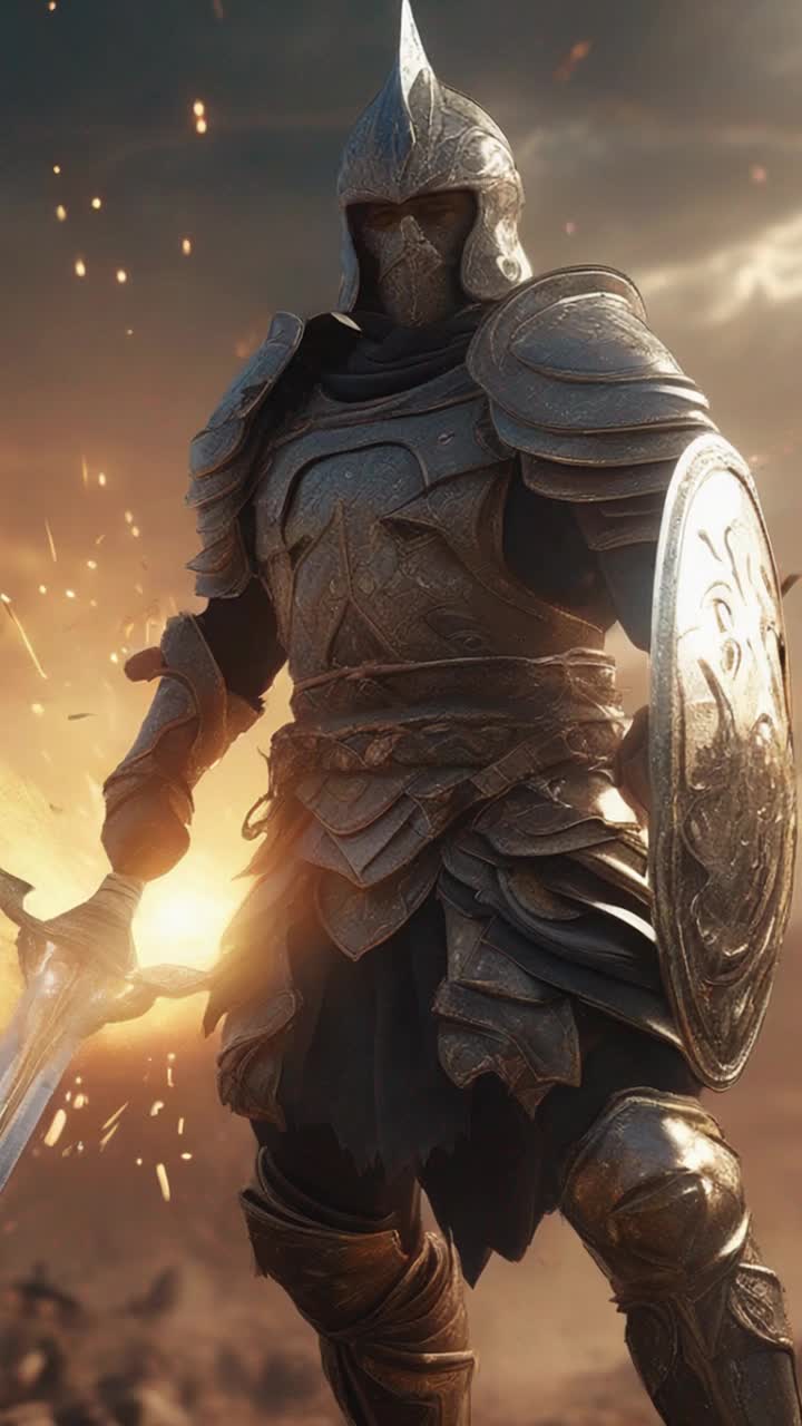 Powerful warrior clad in intricately designed armor radiating strength and determination poised for battle gripping a gleaming sword tightly beneath a blazing sun erupting with dramatic lens flare illuminating fierce resolve exuding from his stance amidst a desolate battlefield scattered with remnants of previous conflicts dust swirling in the air as shadows guide him forward