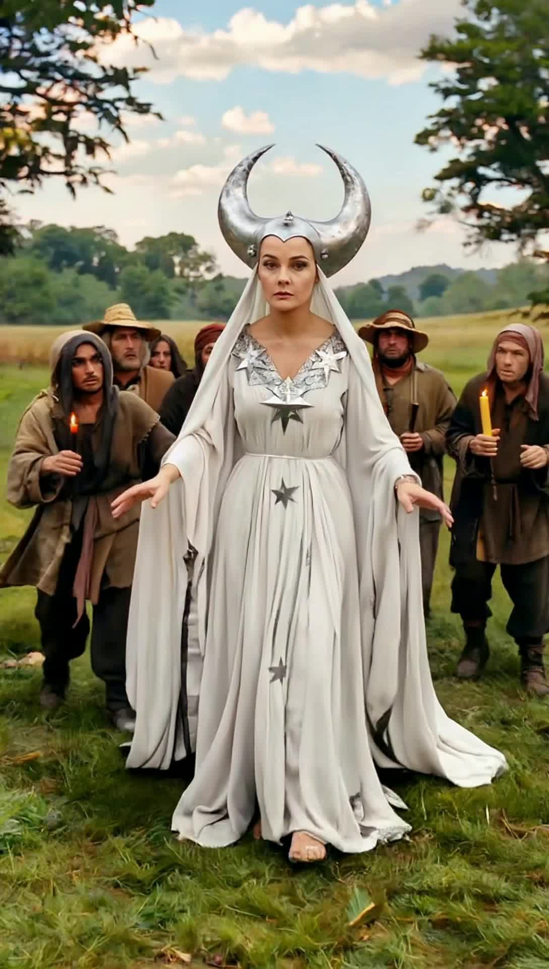 selene the greek moon goddess with a crescent moon crown shunning away peasants who are trying to worship her