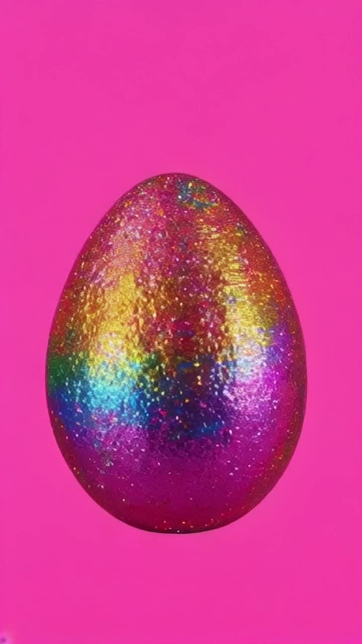 Colorful sparkly easter eggs, colorful pink background, text that says Happy Easter