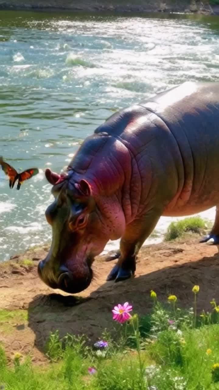 Vibrant hippopotamus adorned with colorful patterns sways gracefully to a rhythm twirling delicately through the air a radiant butterfly glowing with iridescent wings fluttering around the hippos head lush green riverbanks surround them dotted with exotic flowers and sparkling sunlight reflecting off glistening water creating a serene and enchanting atmosphere