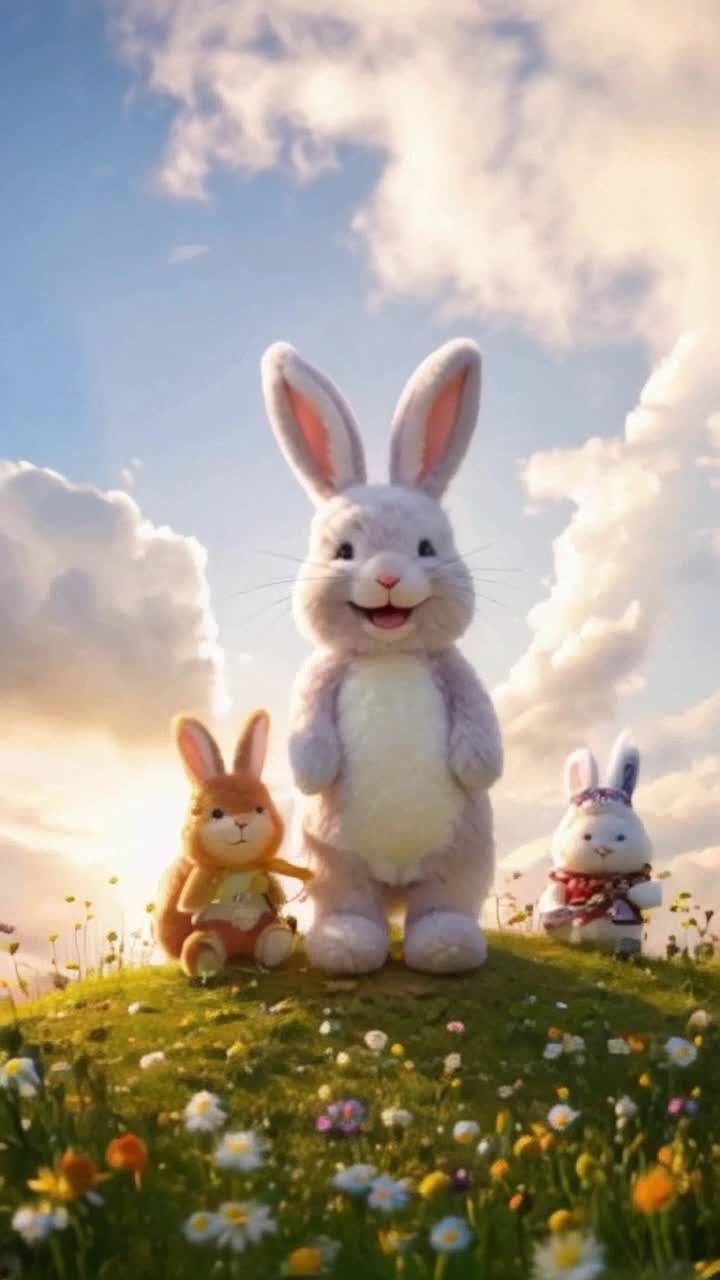 Plushy rabbit standing proud atop a hill surrounded by wise old plushy owl and cheerful plushy friends erupting in joyous celebration with big smiles and sparkling eyes. Straining with determination heaving his body upward reaching the pinnacle of victory. Lush animated meadow filled with vibrant wildflowers dancing in soft breezes under a bright blue sky with fluffy white clouds floating lazily by. Sunlight cascading down creating a warm golden glow enveloping the scene with a sense of triumph and camaraderie