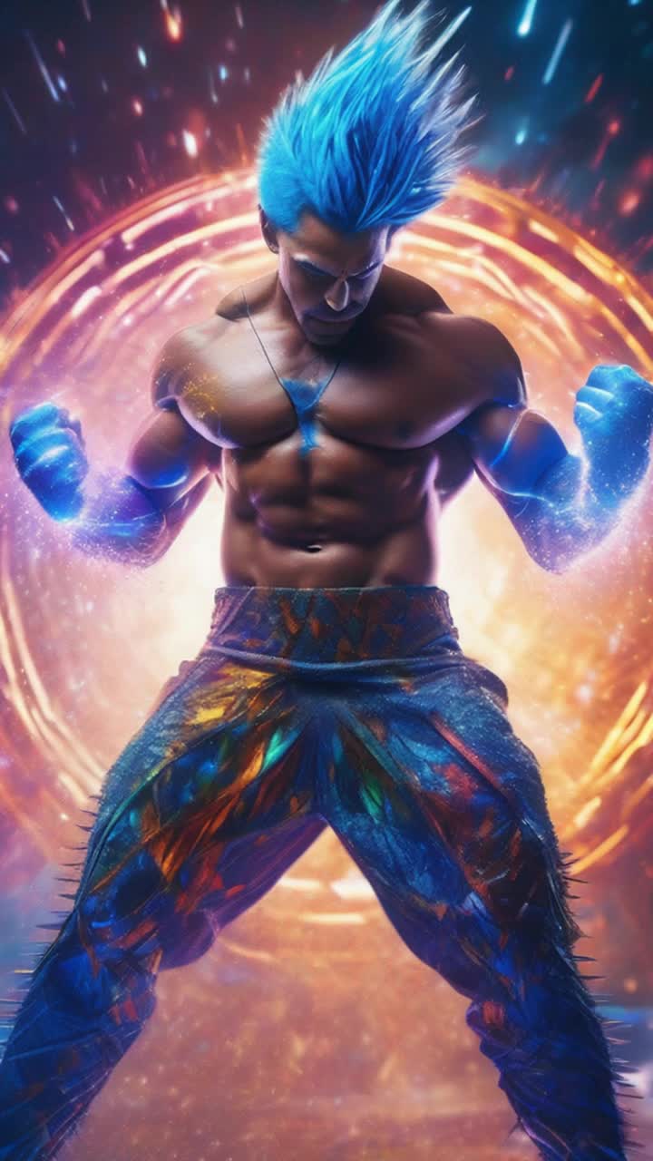 Mighty high vibrational warrior with muscular physique and spiky electric blue hair stands tall radiating confidence Heroically flexes his immense muscles while crackling atomic blue energy arcs around him Air shimmers and pulsates with vibrant energy as swirling particles dance in a kaleidoscope of colors illuminating the scene
