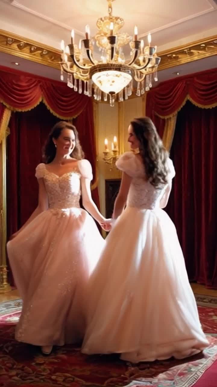 Two elegant women twirling gracefully under a shimmering chandelier Radiant smiles illuminating their faces as their flowing dresses swirl around them Delicate music floats in the air creating an enchanting atmosphere in a lavish ballroom adorned with golden accents and red velvet curtains