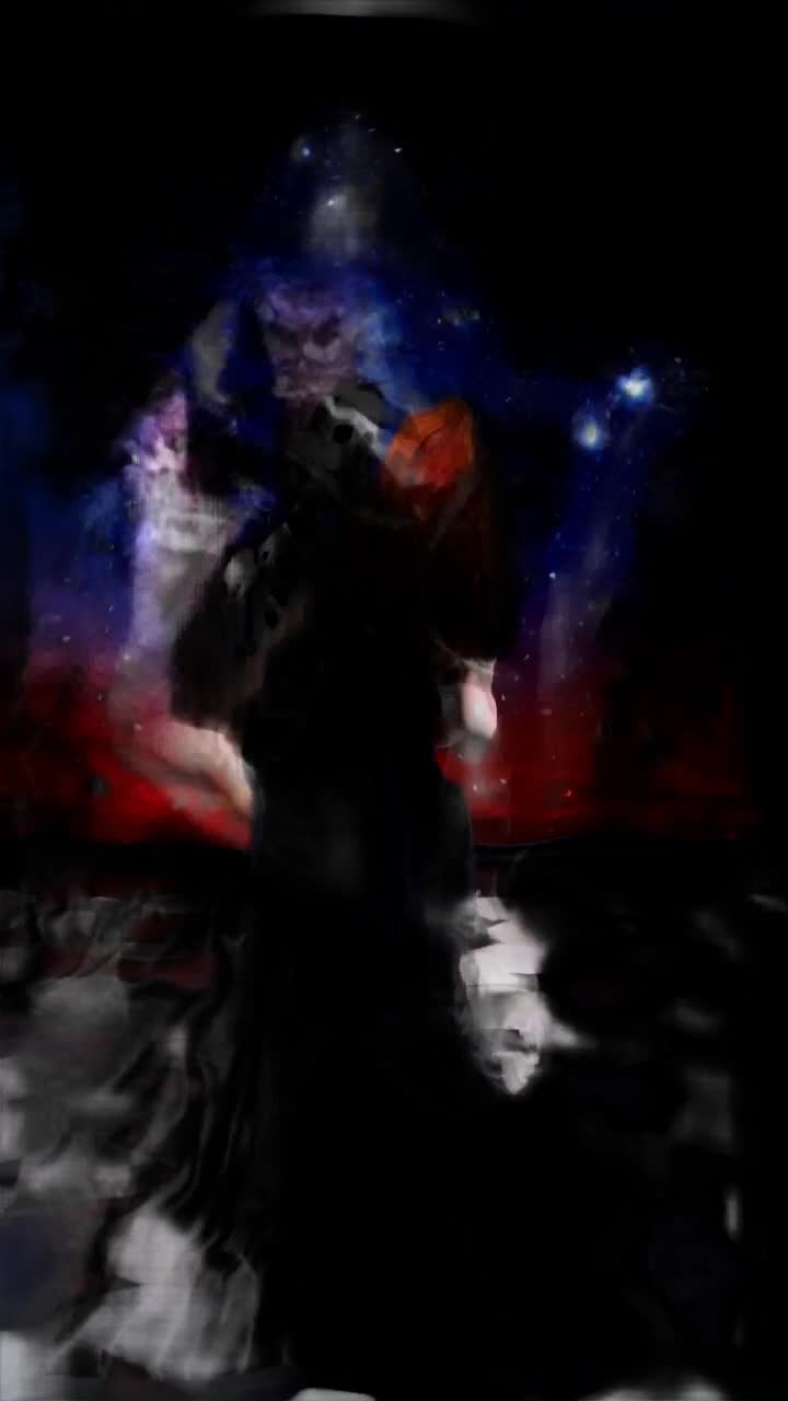 A beautiful red head woman, dressed in a elegant tight black dress that moves and fliws beautifully, dances with death, a skeleton dressed in a slick black suit, they tango together and he dips her back passionately as she leans, a black and white checkered tile ballroom floor beneath them, the background is a gorgeous night sky with galaxies and stars lighting up the sky, 