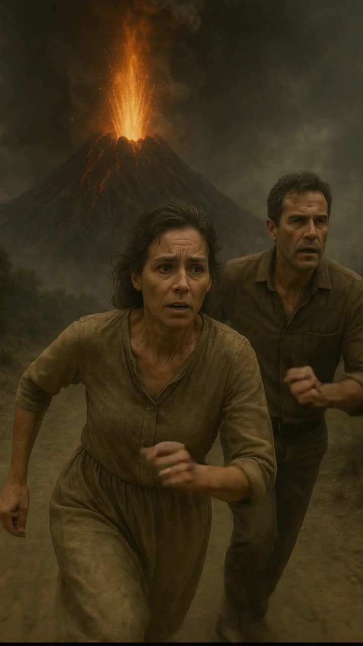 Hyperrealistic cinematic video of two adults fleeing a colossal volcanic eruption The woman leads, face filled with terror, sweat and ash streaking her skin, her worn dress flapping as she runs The man follows close, breathless, glancing back at the fiery mountain spewing lava and smoke into a dark, stormchoked sky Ash and embers rain down Tracking shots follow their frantic sprint, lowangle closeups of feet pounding dusty ground, drone shots revealing the glowing volcano towering behind them Flames, falling debris, and blinding flashes of molten rock fill the tense, apocalyptic scene