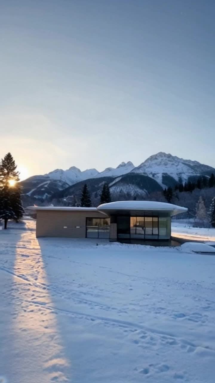 Sleek modern twostory residence shimmering with large glass windows flat roof glinting against winter landscape Snowflakes drift softly around structure Majestic snowy mountains rise in the background towering pine trees frame the scene Sun hangs low casting warm golden light illuminating frosted ground Camera glides smoothly capturing architectural beauty blending harmoniously into serene nature Ultrarealistic textures enhance cinematic feel inviting tranquility peaceful atmosphere envelops entire setting