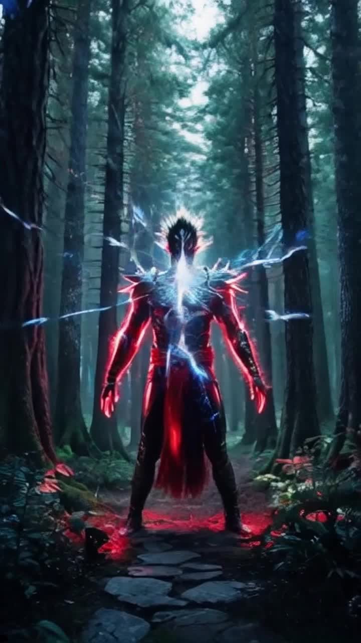 Radiant warrior standing tall with spiky hair pulsating electric energy receiving intense divine download striking pineal gland like bolts of lightning igniting fierce transformation shifting hues from deep atomic blue to blazing vibrant atomic red. Lush mystical forest surrounds him with ethereal light filtering through trees vibrant flora pulsating in rhythm to his energy waves creating an atmosphere of awakening and power. Celestial symbols float around him illuminating the scene with a sense of divinity and transformation