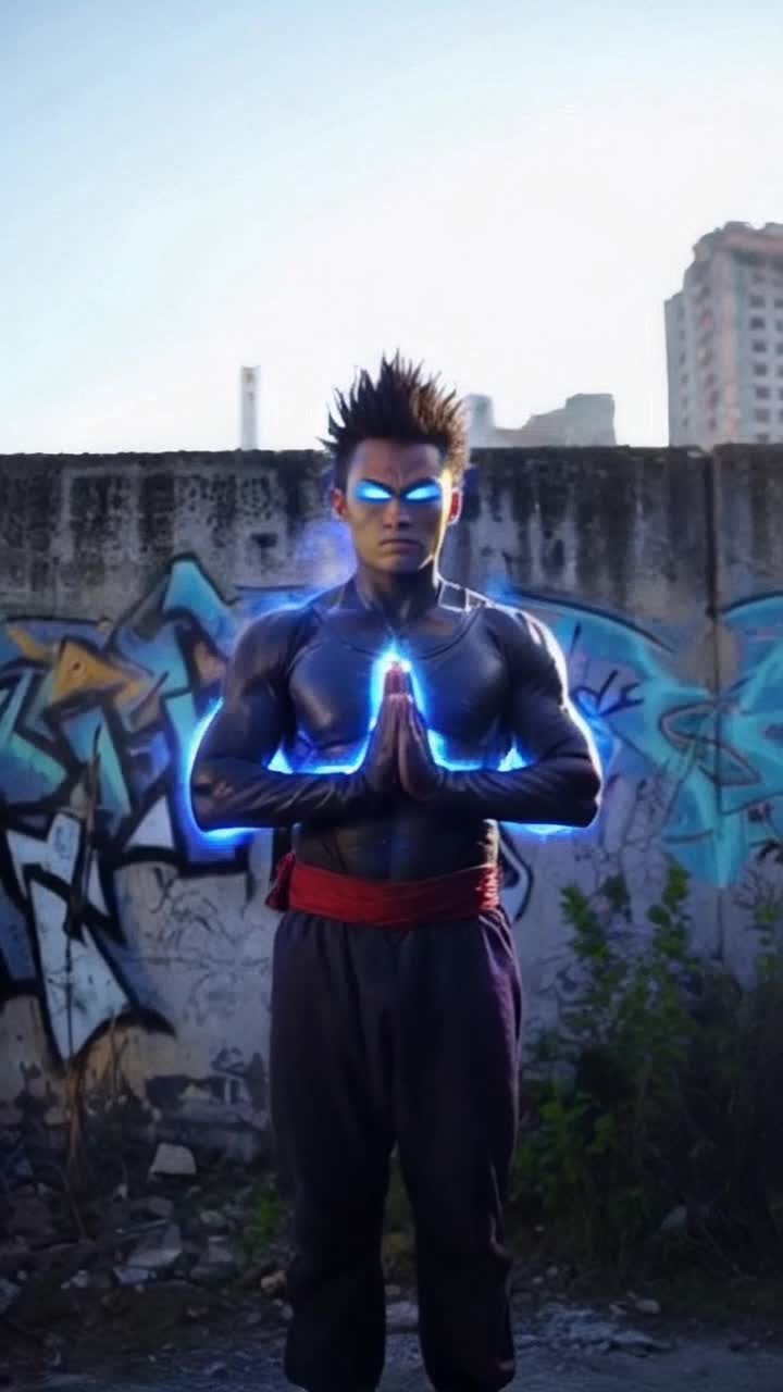Chosen super Saiyan warrior with spiky hair radiating glowing atomic blue energy emerges from deep meditation electrified by a powerful download into his pineal amidst a forgotten urban landscape complete with crumbling walls adorned with vibrant graffiti stretching across surfaces towering weeds pushing through cracks illuminated by shafts of sunlight filtering through broken buildings creating a surreal atmosphere of contrasts between decay and formidable strength