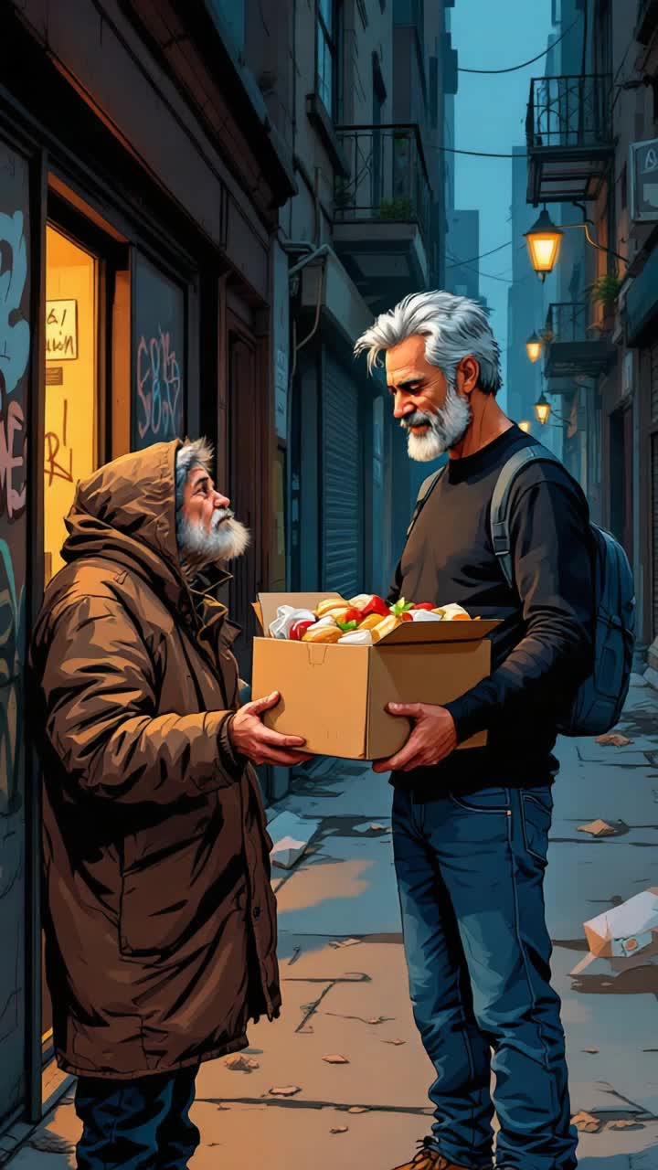 Grey haired hispanic man in his 50s handing out food to homeless people