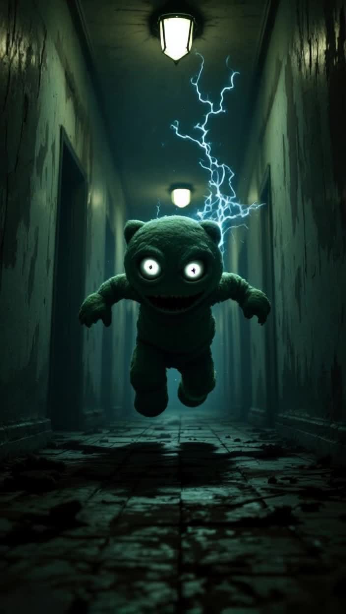 Menacing stuffed creature with mismatched button eyes races forward Glimmer of malevolent energy crackles around it Shadows dance along damp peeling walls in narrow claustrophobic hallway Flickering overhead lights cast eerie silhouettes on grimy floorboards