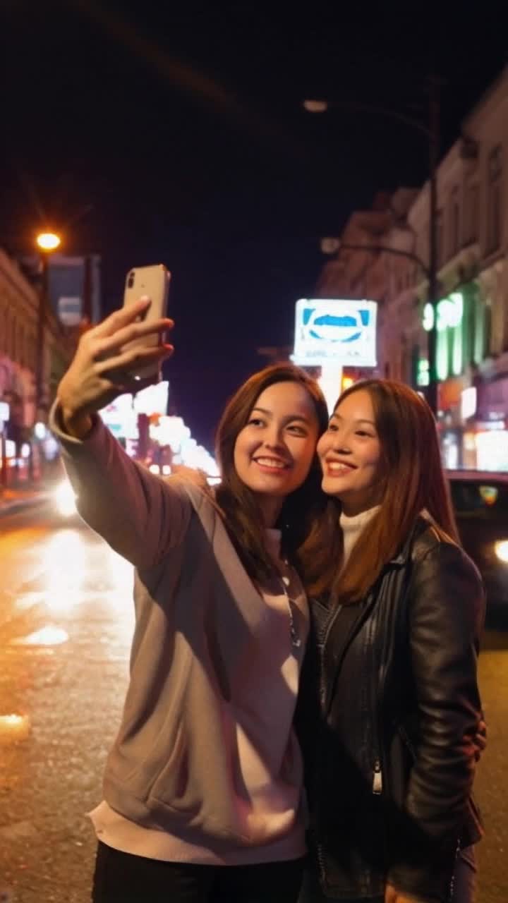 Two friends posing for a selfie one with an iPhone awkwardly held out arms the other casually leaning in with a relaxed smile Two familiar faces sharing laughter amidst a lively Los Angeles street night illuminated by vibrant neon signs headlights of passing cars streaking by creating motion blur around them Warm glow of streetlights casting uneven shadows adds to the scenes charm Haphazardly framed selfportrait frozen in a spontaneous moment filled with genuine camaraderie capturing the essence of everyday life in an urban playground where everything blurs together into delightful chaos