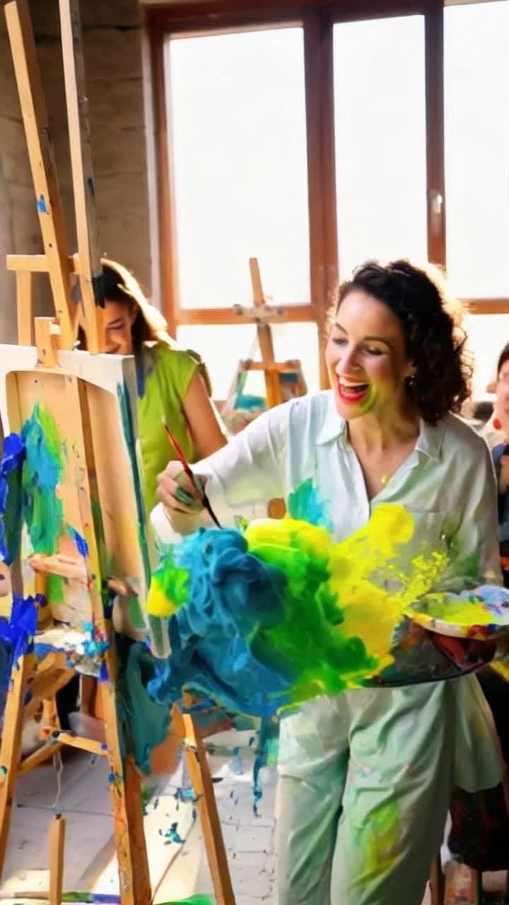 Lively artist surrounded by friends vibrant colors swirling and mixing together joyful expressions radiating hope each brushstroke dances across canvas igniting passion rekindling dreams sunlit studio filled with laughter splashes of paint creating a vibrant atmosphere inspiring transformation warmth from large windows illuminating their collective creativity