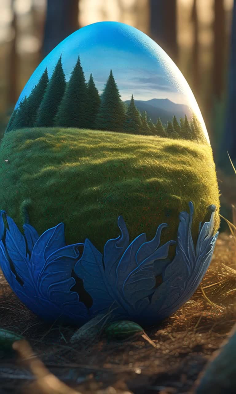 As the gigantic blue egg hatches a tiny blue dragon emerges hyperrealism hyperdetailed forest scene grass easter happy at golden hour 