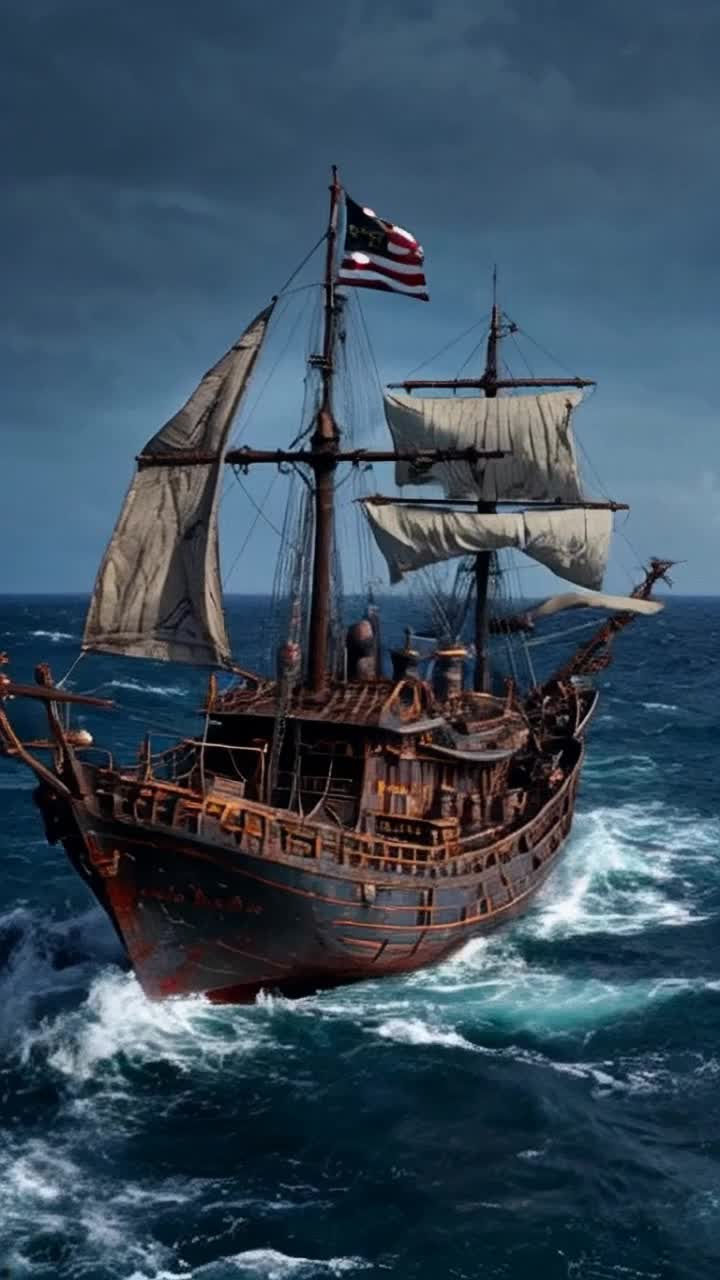 Worn, vintage pirate ship sailing through turbulent, moonlit ocean waters under tattered Jolly Roger flag, with intricate, handcarved wooden details, rusty metallic accents, and faded, billowing sails, in a dystopian, industrial, fantasy style reminiscent of Syd Meads futuristic grit, Simon Stalenhags haunting landscapes, and Noah Bradleys whimsical, nostalgic charm