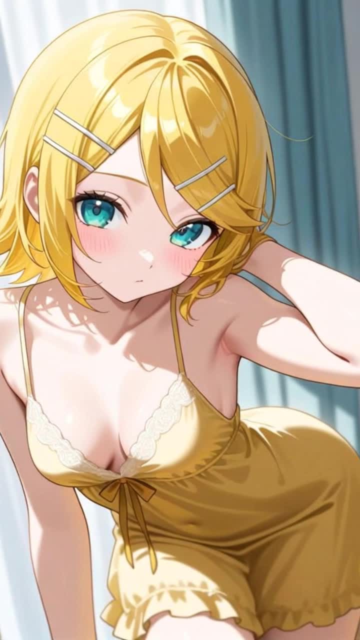 The tall Kagamine Rin stands up straight as a smile forms on her face, she then steps close to the viewer