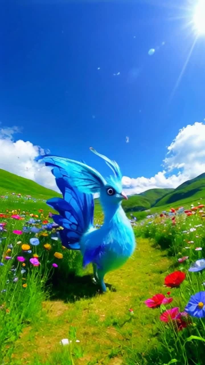 A whimsical creature with vibrant blue feathers and sparkling eyes twirls gracefully in a sundrenched meadow It leaps joyfully between colorful wildflowers swaying in the gentle breeze Lush green hills roll in the distance under a clear cerulean sky adorned with fluffy white clouds Butterflies flutter playfully around, adding bursts of color to this enchanting scene as sunlight dances on the creatures feathers