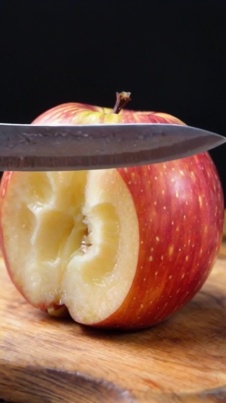 The clean, sharp sound of a knife meeting a firm apple on a solid wooden board Show the apple halfcut, its sweet, slightly tart aroma almost palpable Emphasize the natural light highlighting the apples juicy interior and the rich, earthy tones of the wood